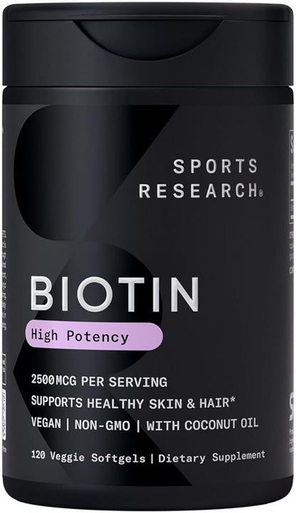 Sports Research Extra Strength Vegan Biotin (Vitamin B) Supplement with Organic Coconut Oil - Supports Keratin for Healthier Hair & Skin - Great for Women & Men - 2,500mcg, 120 Veggie Softgel Capsules