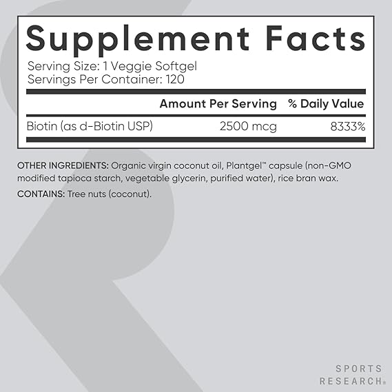 Sports Research Extra Strength Vegan Biotin (Vitamin B) Supplement with Organic Coconut Oil - Supports Keratin for Healthier Hair & Skin - Great for Women & Men - 2,500mcg, 120 Veggie Softgel Capsules