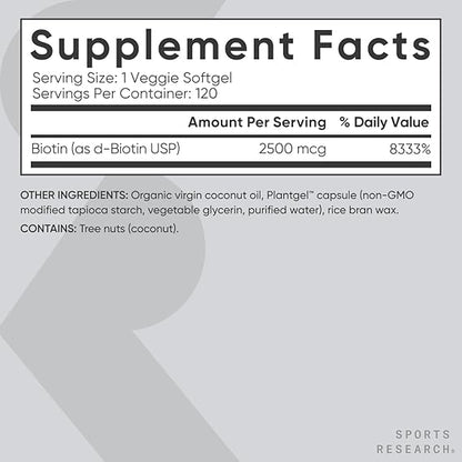 Sports Research Extra Strength Vegan Biotin (Vitamin B) Supplement with Organic Coconut Oil - Supports Keratin for Healthier Hair & Skin - Great for Women & Men - 2,500mcg, 120 Veggie Softgel Capsules