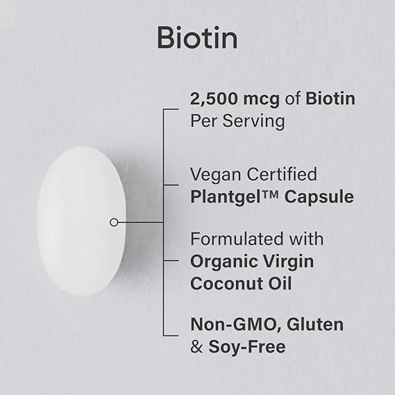 Sports Research Extra Strength Vegan Biotin (Vitamin B) Supplement with Organic Coconut Oil - Supports Keratin for Healthier Hair & Skin - Great for Women & Men - 2,500mcg, 120 Veggie Softgel Capsules