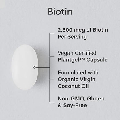 Sports Research Extra Strength Vegan Biotin (Vitamin B) Supplement with Organic Coconut Oil - Supports Keratin for Healthier Hair & Skin - Great for Women & Men - 2,500mcg, 120 Veggie Softgel Capsules