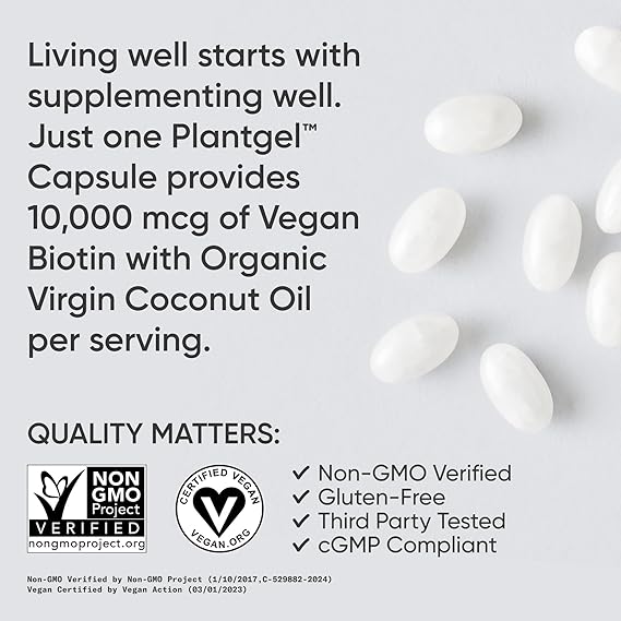 Sports Research Extra Strength Vegan Biotin (Vitamin B) Supplement with Organic Coconut Oil - Supports Keratin for Healthier Hair & Skin - Great for Women & Men - 2,500mcg, 120 Veggie Softgel Capsules