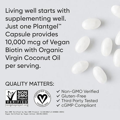Sports Research Extra Strength Vegan Biotin (Vitamin B) Supplement with Organic Coconut Oil - Supports Keratin for Healthier Hair & Skin - Great for Women & Men - 2,500mcg, 120 Veggie Softgel Capsules