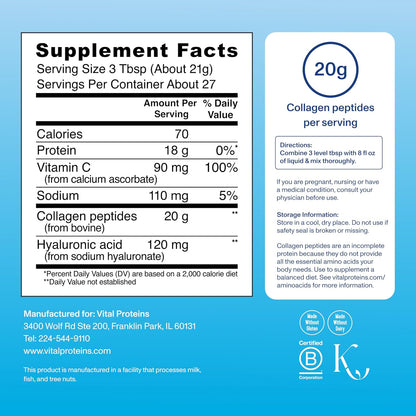 Vital Proteins Collagen Peptides Powder Advanced with Hyaluronic Acid & Vitamin C - 20oz Collagen Protein, Unflavored, 27 Servings