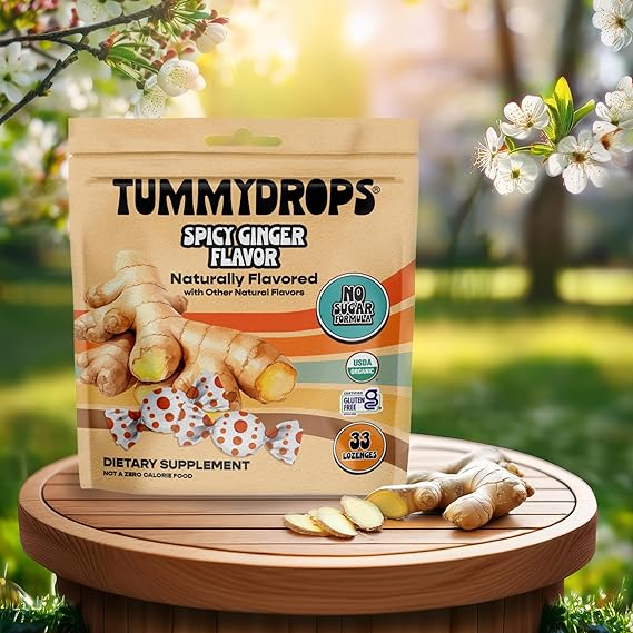 Tummydrops, No Sugar Spicy Ginger Flavor, Gluten Free & Vegan, 33 Individually Wrapped Organic Ginger Lozenges Made with Organic Monkfruit