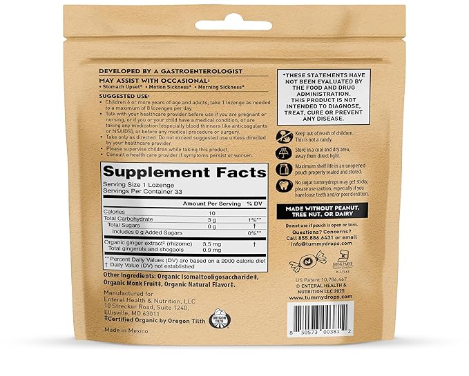 Tummydrops, No Sugar Spicy Ginger Flavor, Gluten Free & Vegan, 33 Individually Wrapped Organic Ginger Lozenges Made with Organic Monkfruit