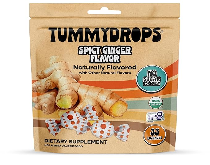 Tummydrops, No Sugar Spicy Ginger Flavor, Gluten Free & Vegan, 33 Individually Wrapped Organic Ginger Lozenges Made with Organic Monkfruit