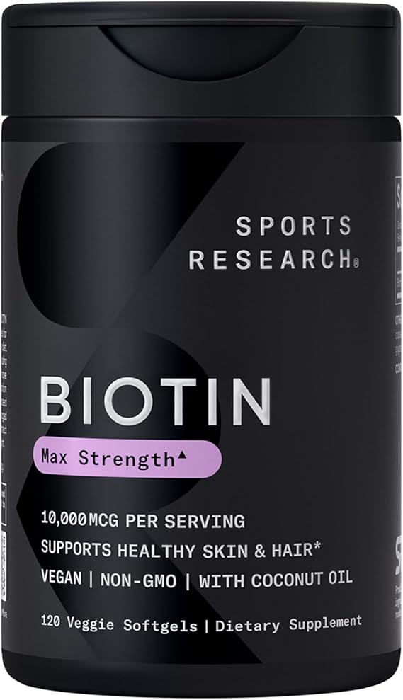 Sports Research Extra Strength Vegan Biotin (Vitamin B) Supplement with Organic Coconut Oil - Supports Keratin for Healthier Hair & Skin - Great for Women & Men - 2,500mcg, 120 Veggie Softgel Capsules